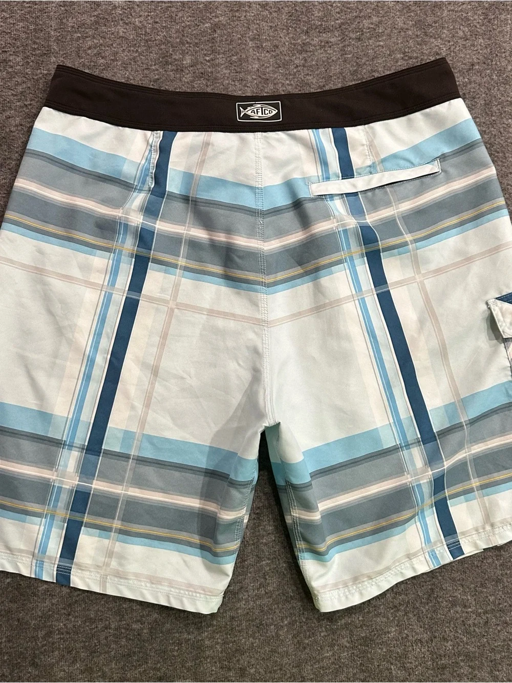 AFTCO Blutwater Board Shorts Mens 34 Blue Plaid Fishing Swim Trunks Polyester